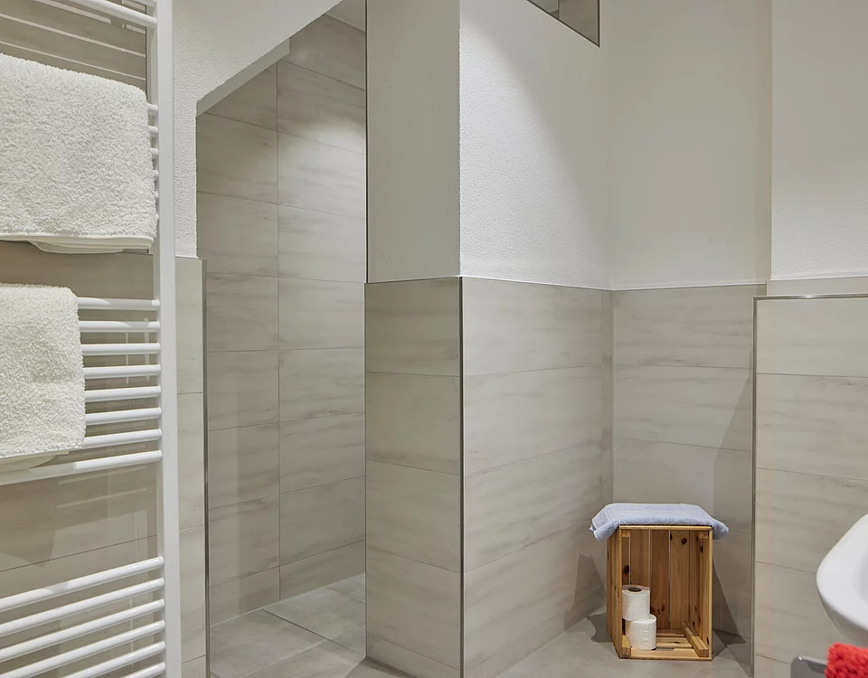 Moderner Badezimmereingang mit einer Walk-In-Dusche, Handtüchern an einem Heizkörper und einer Holzbox mit Toilettenpapier und Handtuch.