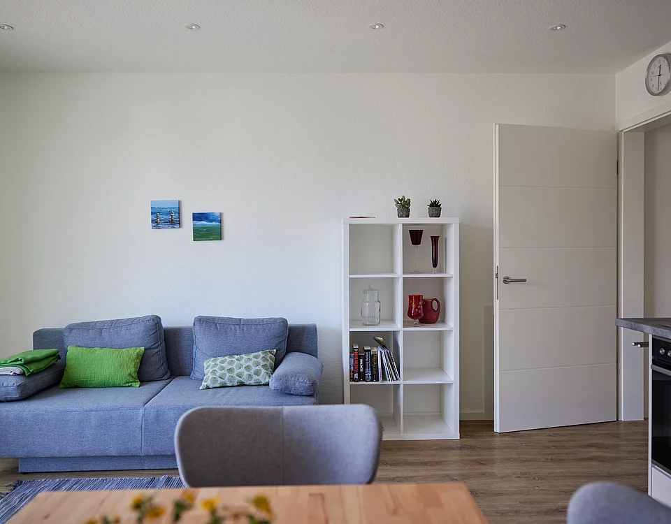 Wohnzimmer mit blauem Sofa, grünen Kissen, weißem Regal mit Deko und Büchern, Holzboden und offener Tür zu einem weiteren Raum.