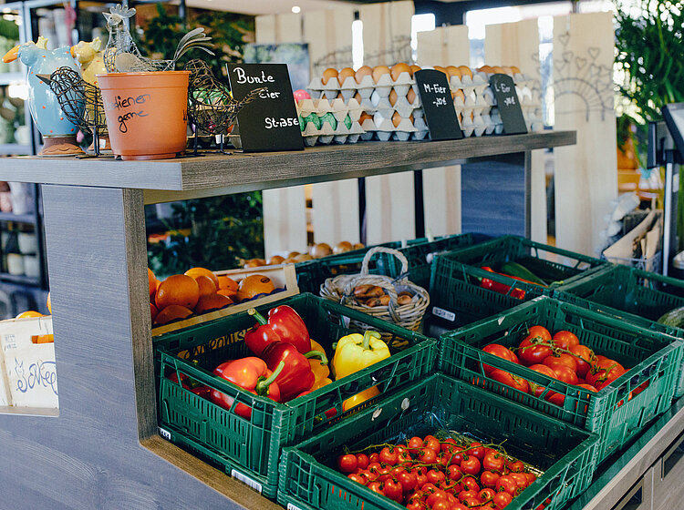 Marktstand mit verschiedenen frischen Gemüsesorten wie Paprika, Tomaten und Eiern, in Plastikkisten und Eierkartons auf einem Holztisch präsentiert.